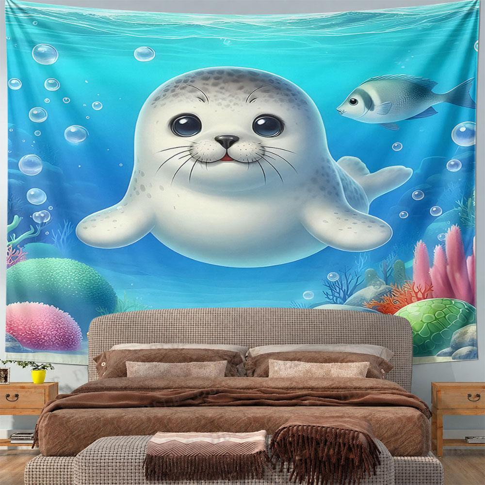 Cute Seal Underwater with Fish Pattern Wall Hanging Tapestry Decorative Tapestry Home Decor for Bedroom and Living Room