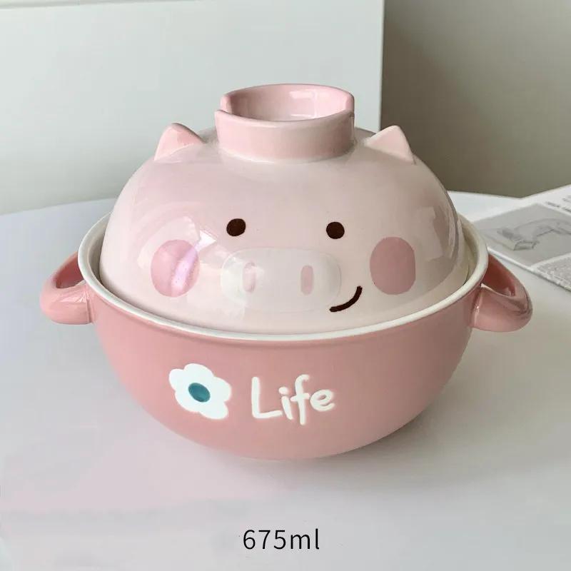 Ceramic Instant Noodles Bowl with Lid, Cute Girl Heart Soup Bowl, Rice Bowl, High Beauty Household Double Ear Handle Bowl