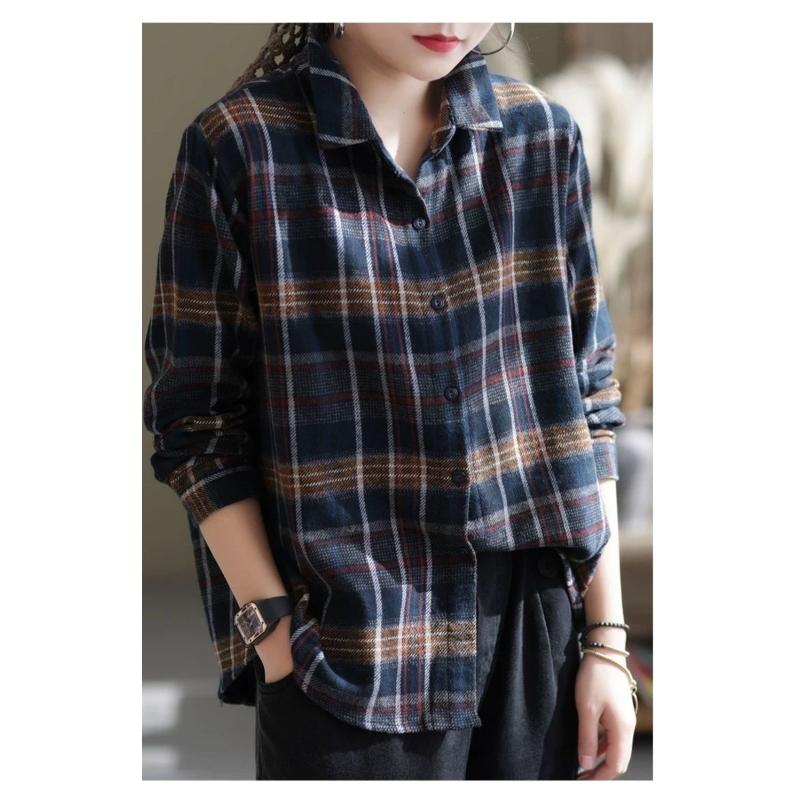 Women's New Spring and Autumn Large Size Versatile Cotton Plaid Long-sleeved Shirt