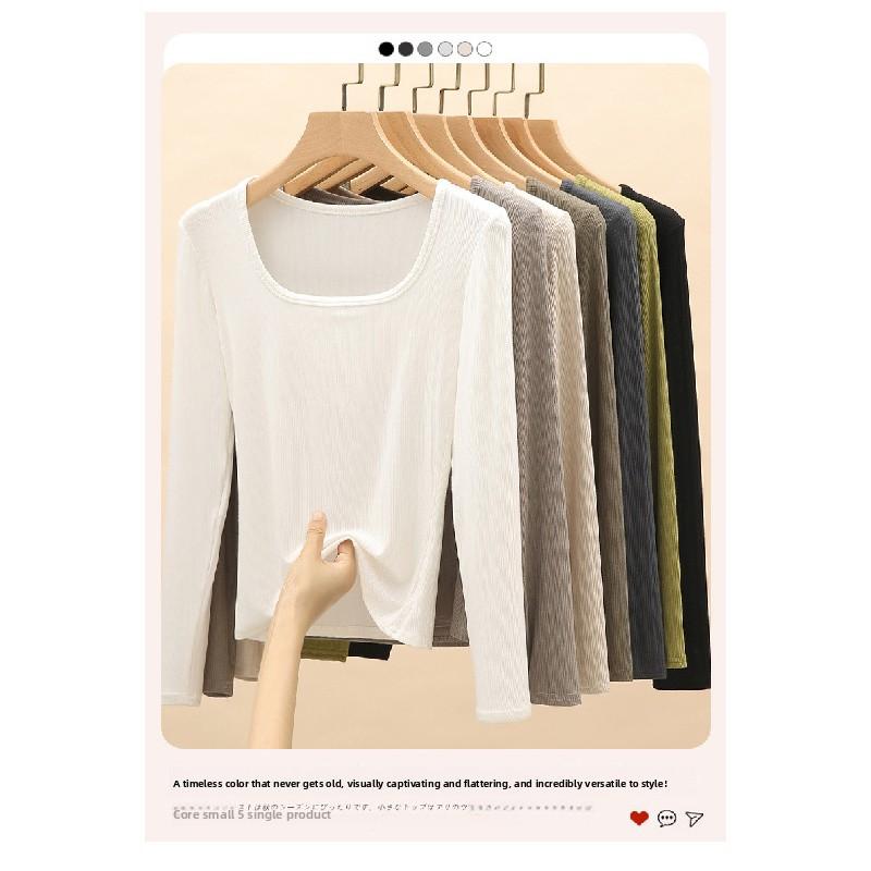 New large U-neck t-shirt for women, long-sleeve top, low-neck inner layer, slim-fit women's spring fashion