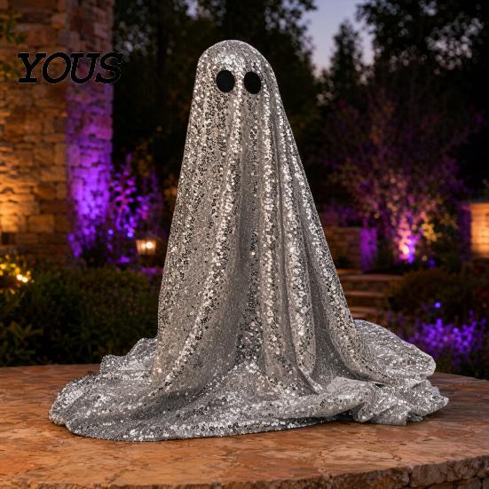 Decorative Ghost Sculpture Halloween Decoration, Outdoor Shiny Figurine with Sequin Cloth, Light Collectible Up Spooky for Parties, Lawn, Porch Decor