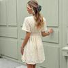 Sommer Weiß Damen Geprägtes Blumen-Minikleid, Tiefer V-Ausschnitt, Geraffte Taille, A-Linien Sommer-Freizeitkleid