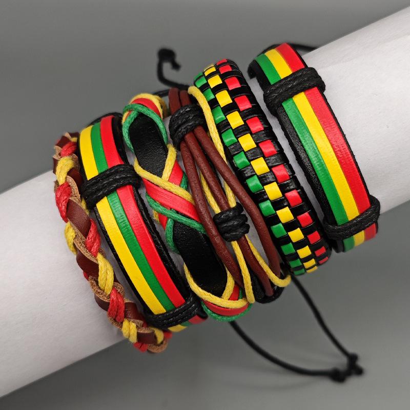 Jamaica Justerbart Röd-Gul-Grön Färgblock Vävda Läderarmband - Sexdelat Set