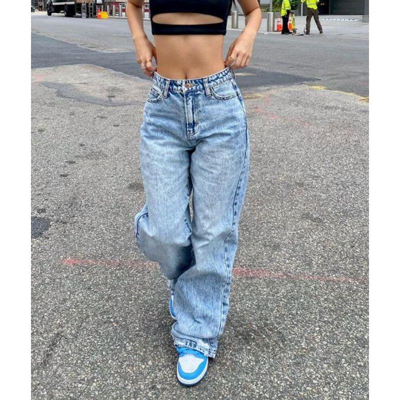 

Европейский и американский досуг Свободные широкие прямые джинсы из денима Женские повседневные джинсы Джинсовые брюки Женские Light Blue XL