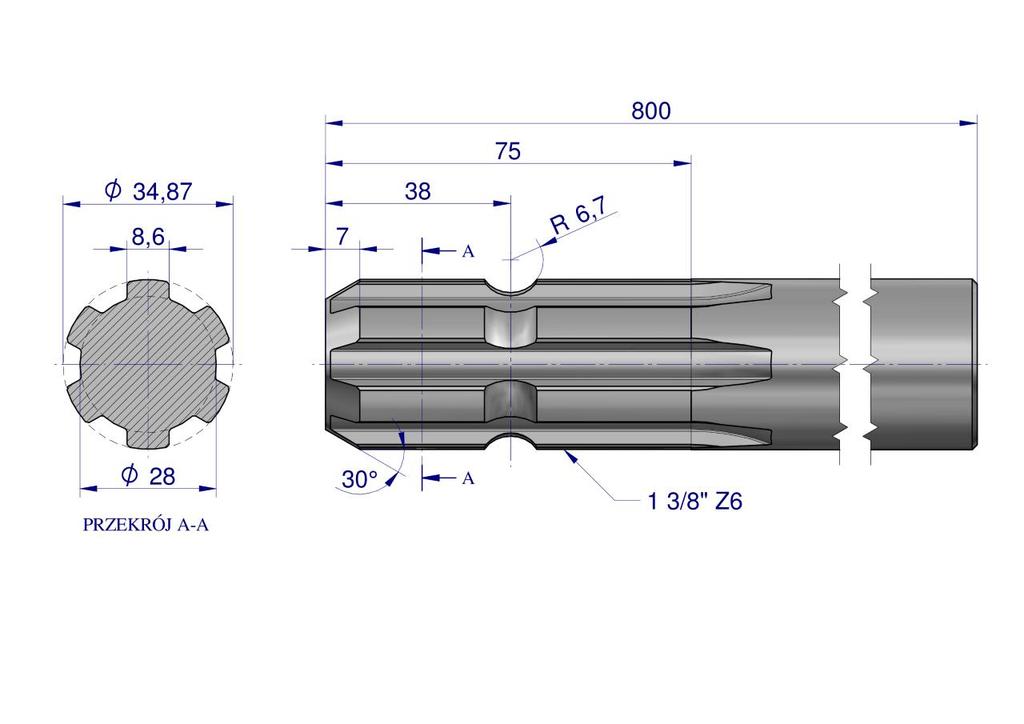 Wałek, Wom Frezowany Jednostronnie 800Mm Z6 - 1 3/8, Waryński
