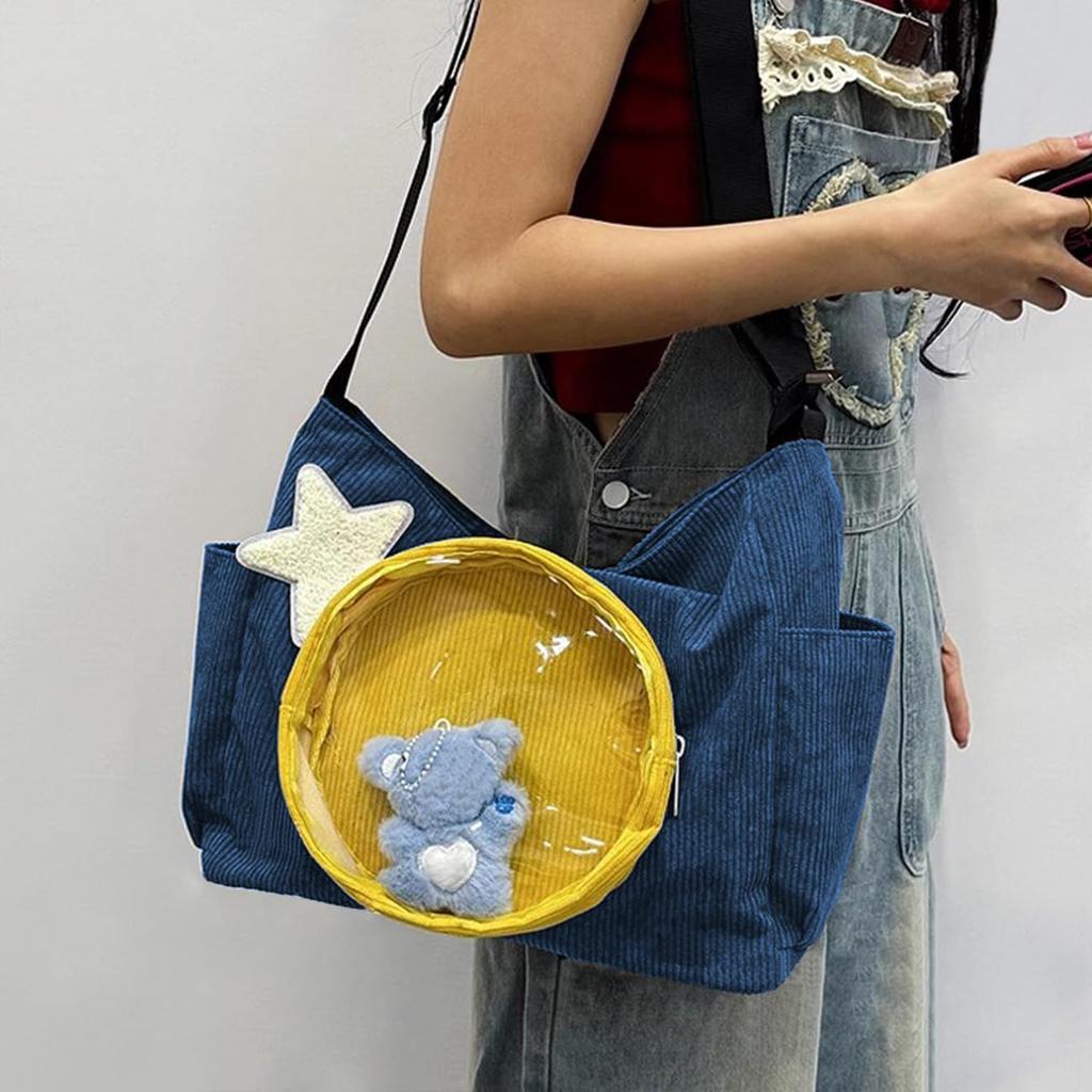 [YUYAKESHI] Cute Corduroy Ita Bag, Shoulder Bag, Perfect for Going Out, Round Transparent Window, Star Accessory Included, Large Capacity, 2-Way Tote