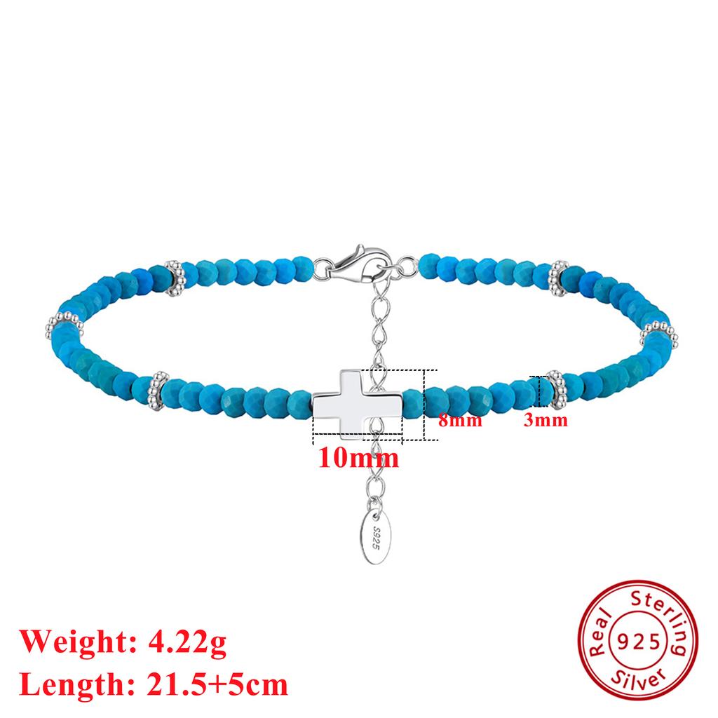 Effie Queen Refined 925 Sterling Silver Cross Anklet Natural Turquoise Strand Chain Perfectly Crafted Jewelry for Religion SA86