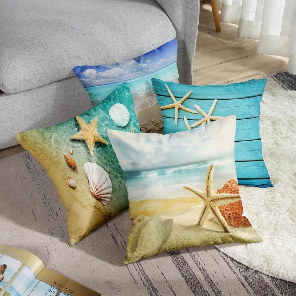 ArtSocket Set of 4 Throw Pillow Covers Starfish and Seashell Summer Beach in Sea Water Time Caribbean Decor Linen Pillow Cases Home Decorative Square
