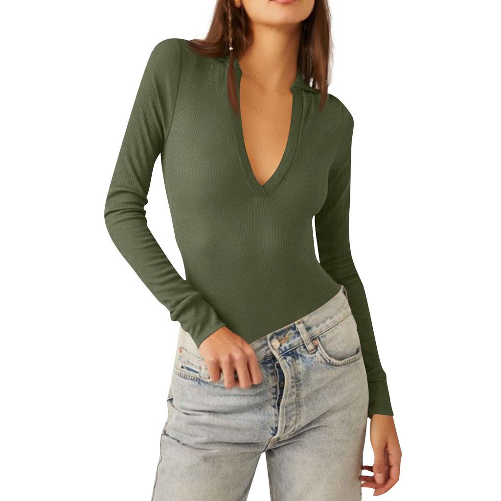 Dámské jednodílné tričko s dlouhým rukávem a výstřihem do V, jednobarevný overal