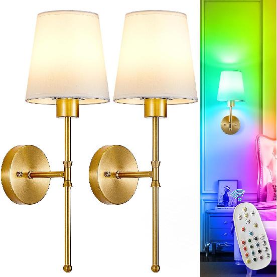 Depuley Battery Operated Wall Sconce: Set of 2 Wireless Wall Lights with 10000mAh Dimmable Bulbs and Remote for Bedroom - Rechargeable 15 Colors Gold