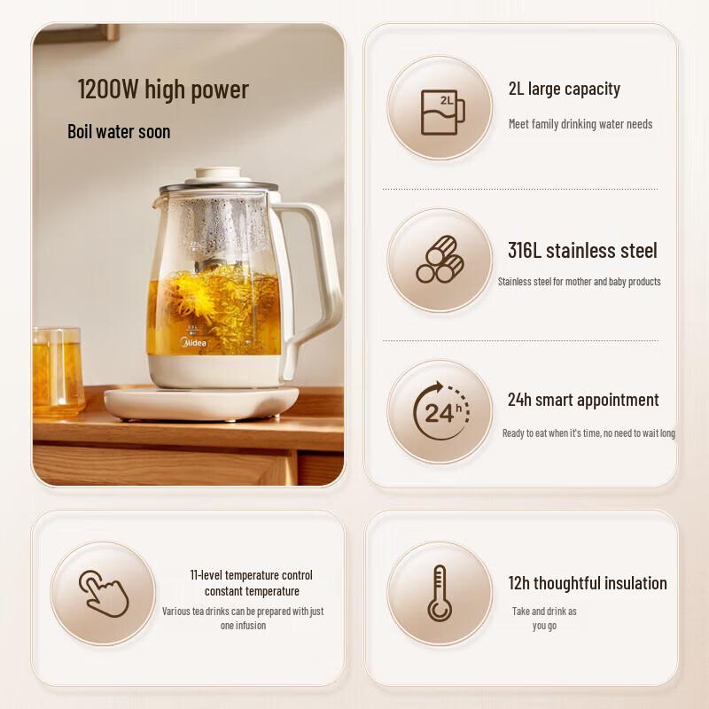 Midea 2L Smart Glass Health Pot CN Plug (adapter Included)