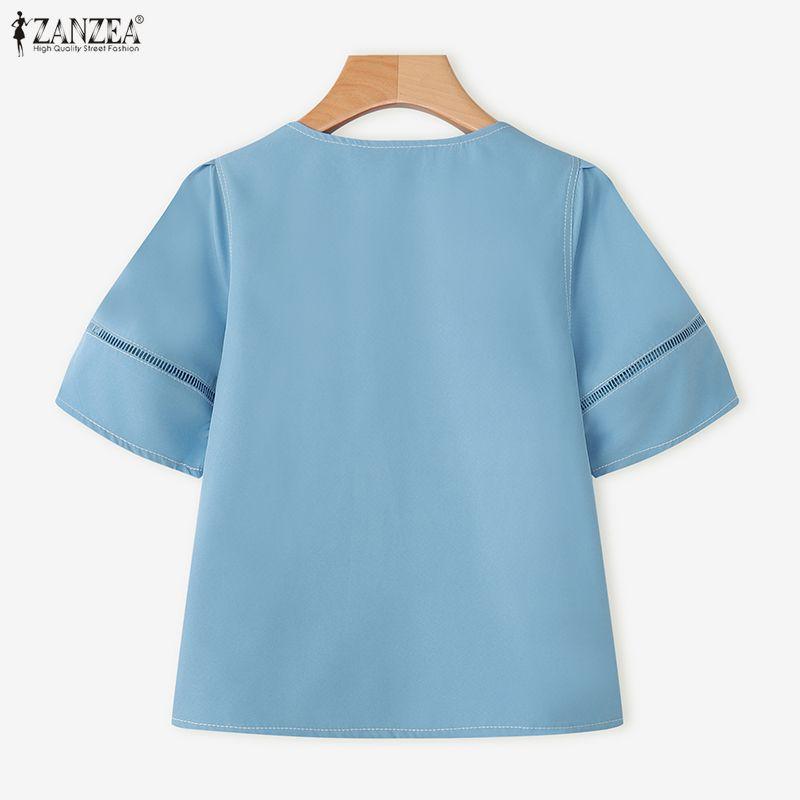 ZANZEA Damen Lässige Rundhals Sommer Kurzarm Spitze Patchwork Bluse