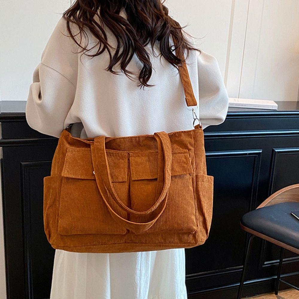 Vintage Multi-pocket Shoulder Bag Elegant Casual Underarm Bag Corduroy Tote Bag  Autumn and Winter