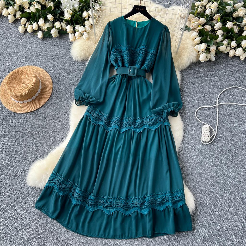 French O Neck Cut Out Lace PATCHWORK Lantern Sleeve Korean Fashion Dress Women's Summer Waist Sweet Dresses