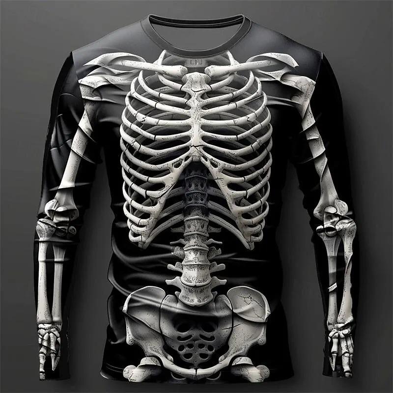 Creative Design 3D Skull Print Men's T-Shirt Autumn Daily Casual Long Sleeve Crew Neck Pullover Tees Oversize Breathable Clothes