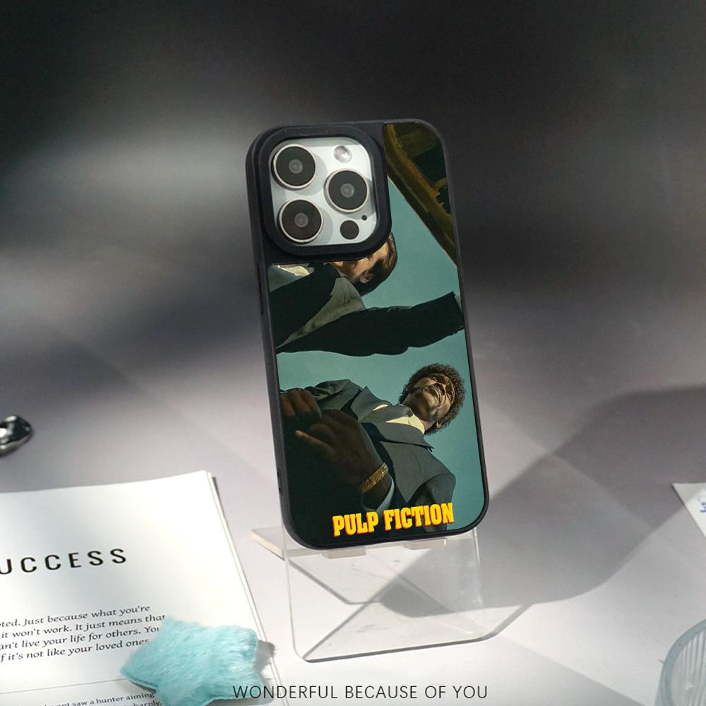 Classic Movies Pulp Fictions Poster Phone Case for iPhone 17 16 E 15 14 13 12 Pro Max Sheepskin Silver-edged Protective Case
