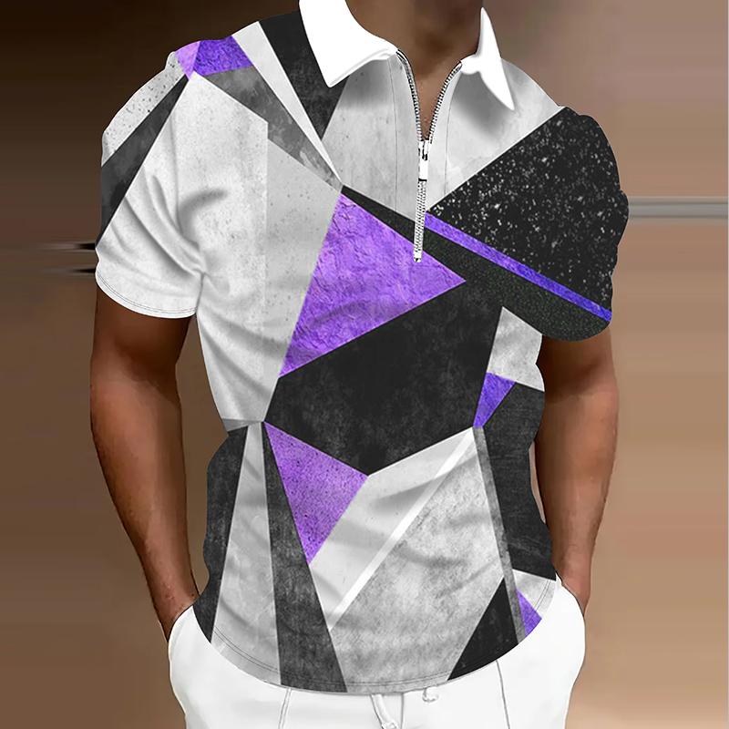 

Men s Shirt Polo Casual Zip Short Sleeve Fashion Casual Zipper Summer Spring Regular Fit 3D Geometry Print Shirt 8XL фиолетовый