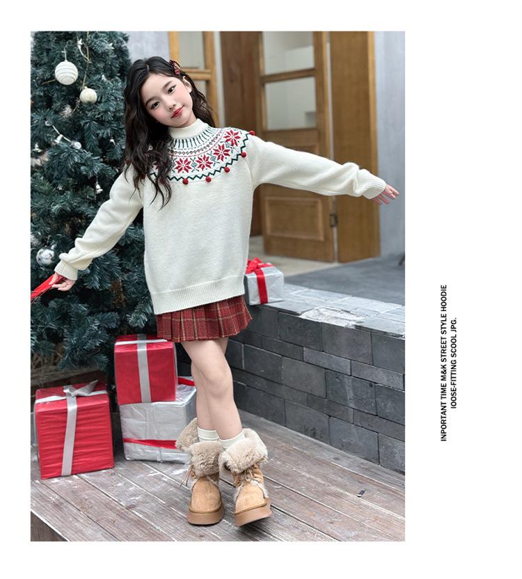Girls' Retro Jacquard Knit Sweater - Round Neck, Long Sleeves, Autumn/Winter 2025 Collection