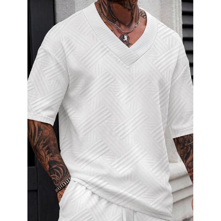

New Spring-Summer Men s Jacquard Solid Color V-Neck Casual Outdoor Versatile Short-Sleeve T-Shirt S белый