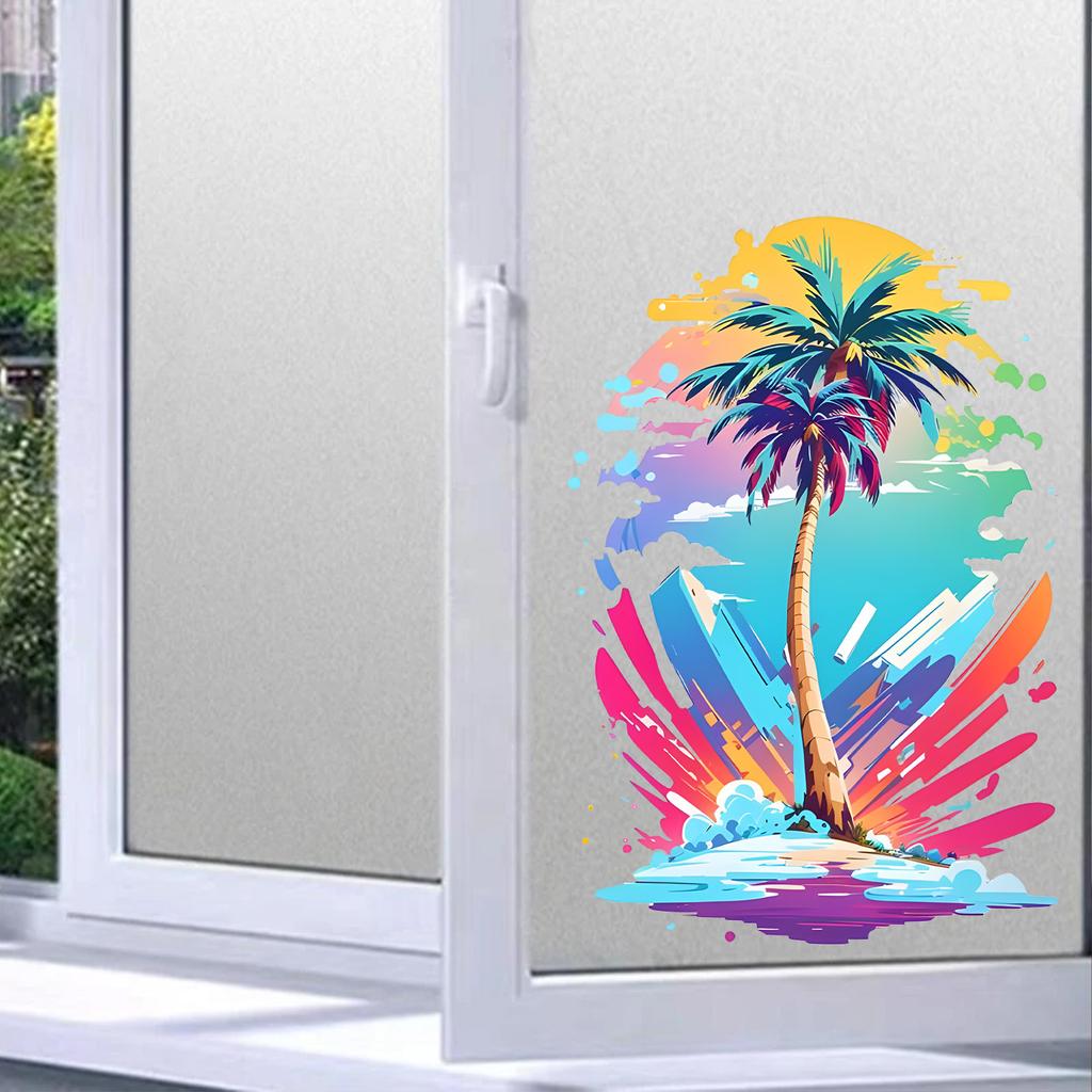 Static Cling Window Stickers Creative Doodle Coconut Tree for Kids Room Bedroom Kitchen Bathroom Glass Decor
