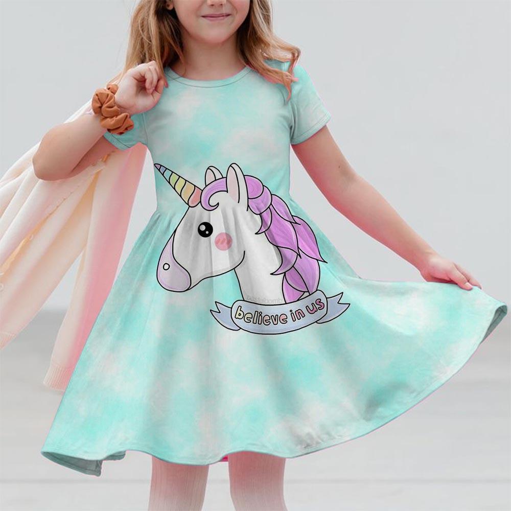Robes d'été pour filles Licorne Enfants Robe à manches courtes Dessin animé Tout-petits Décontracté Robes droites Vêtements pour enfants 3-12 ans