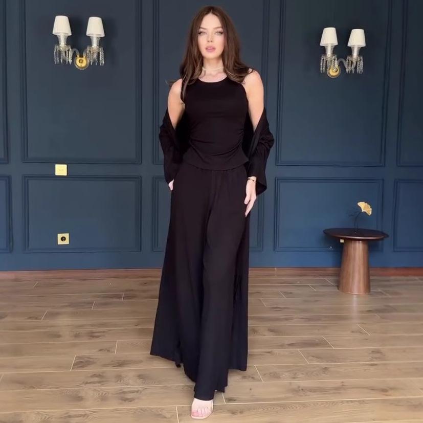 

2025 Autumn Women s Casual Sleeveless Top & Long Pants Set with Robe Coat XXXL