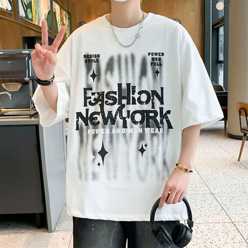 American Young Style Letter T-shirts Men's Clothing Vintage Fashion Printed Summer Round Neck Loose Basic Half Sleeve Pullovers