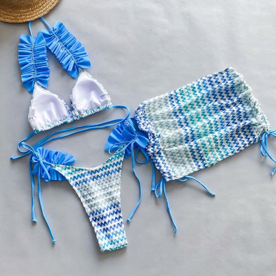3 Pcs/Set Women Bikini Set Color Matching Lace-up Halter Neck Shirring Pleated
