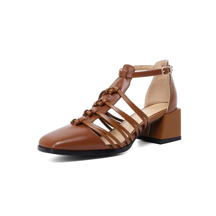Fashion HOT SALES Summer Shoes Women Square Toe Cover Heel Gladiator Modern Sandals Geunine Leather Chunky Heel High Heel Woven Sandals