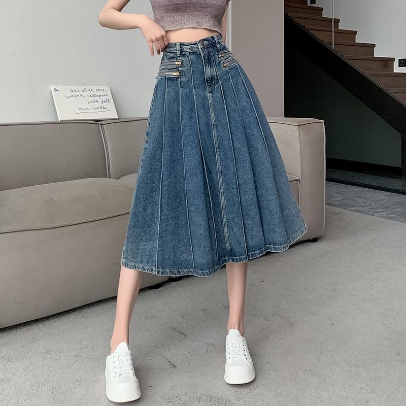 

Women s High-Waist A-Line Pleated Denim Skirt - Summer 2025 Design L 53-58kg