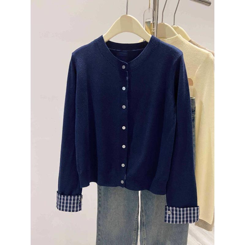 Premium Plaid Splicing Top Jacket Women's Autumn Stacking Wear Soft Waxy Knitted Sweater Cardigan