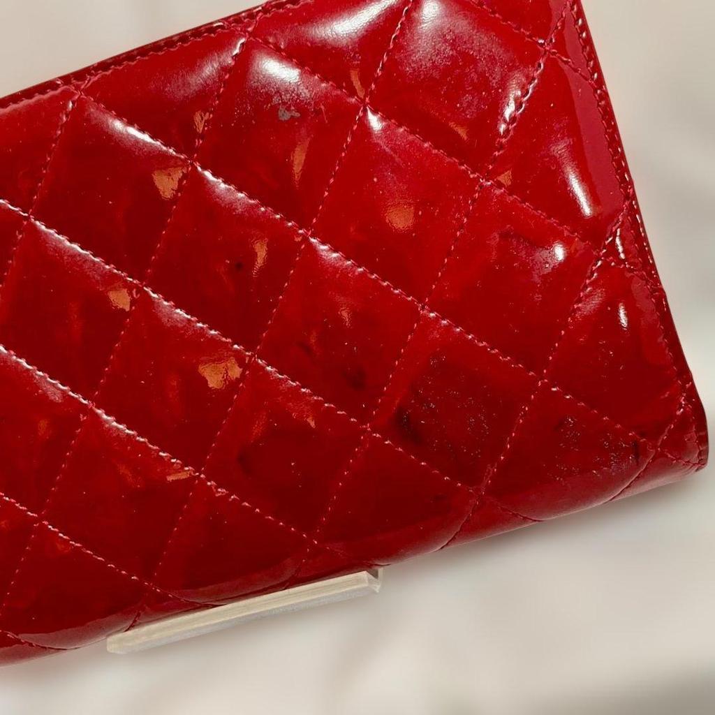 Used CHANEL Matelasse Long Wallet Red Enamel Coco Mark Bi-fold