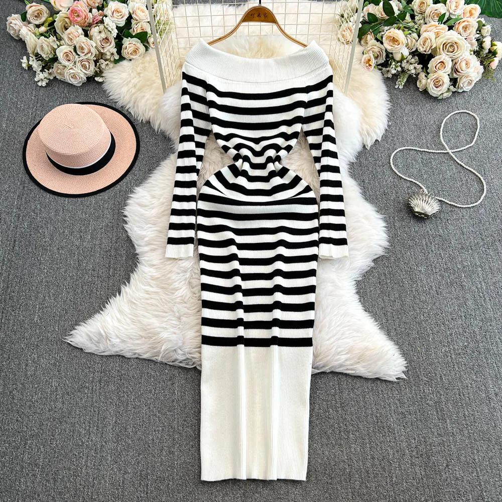 Vestido ajustado de punto con hombros descubiertos y cuello en V a rayas con bloques de color, sexy, para mujer, otoño, vestidos cruzados, ChicDresses
