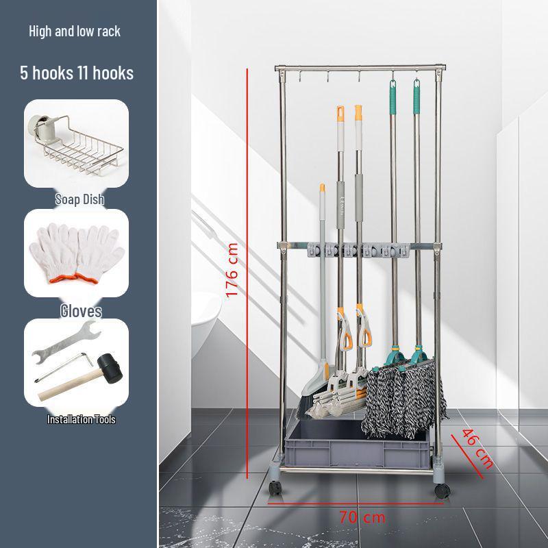 Movable Stainless Steel Mop Storage Rack with Hooks for Floor-Standing Draining in Schools and Factories