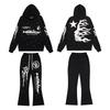 25SS American High Street Trend HELL Printed Fleece Hoodie Sweatpants Set Unisex Women Casual Sportswear