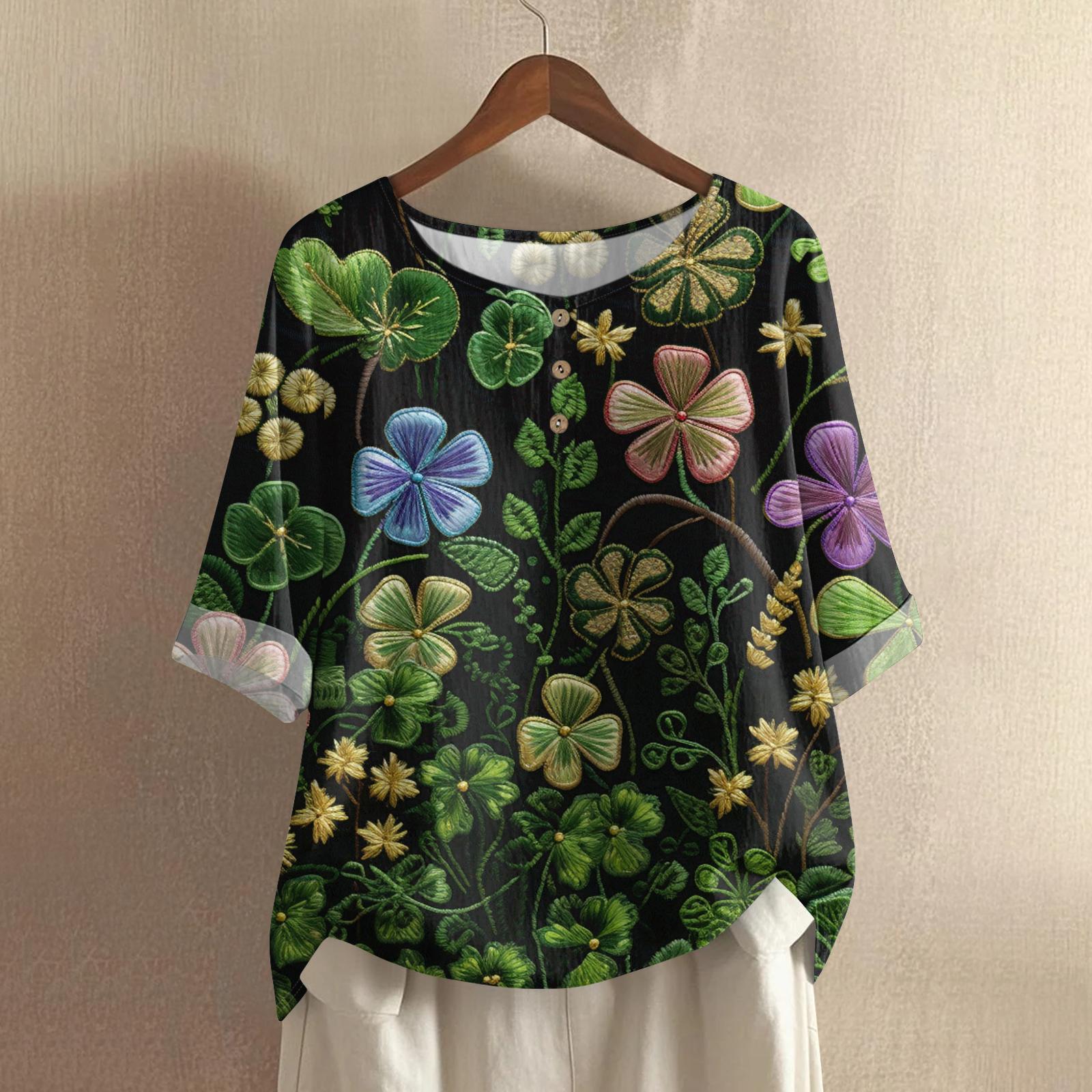 

Women s St. Patrick s Day Printed Casual Mid Sleeved Round Neck Cotton And Linen Top L