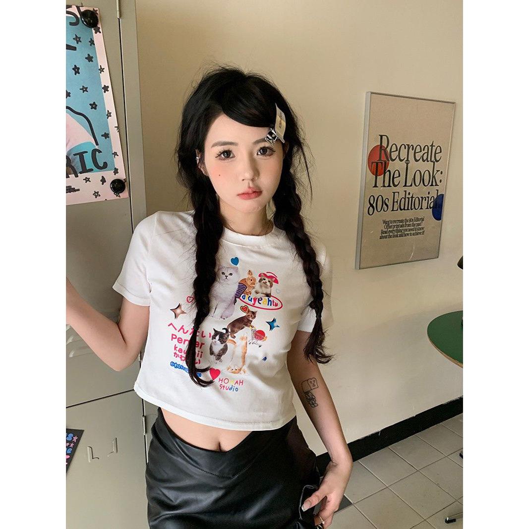 

Internet celebrity hot girl short-sleeved T-shirt women s summer new cute cat top sweet and spicy style navel top M