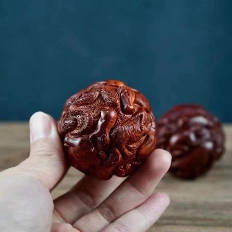 Yellow Rosewood Zodiac Health Massage Balls - Solid Wood Carved Handheld Fitness Playthings