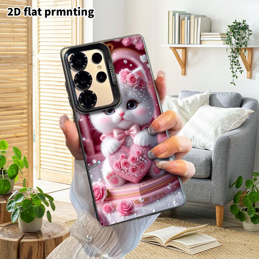 Phone Case: 2D Flat Samsung Galaxy A34 A35 M05 M06 S20 S22 S21 FE Plus 5G Protective Case, Couple Style, Pink Rose Little White Cat, Christmas and Hal