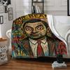 1pc Mr. Bean Art Flannel Throw Blanket HD Printed Lightweight Soft Warm All Season Blanket for Sofa, Bed, Travel, Camping Machine Washable