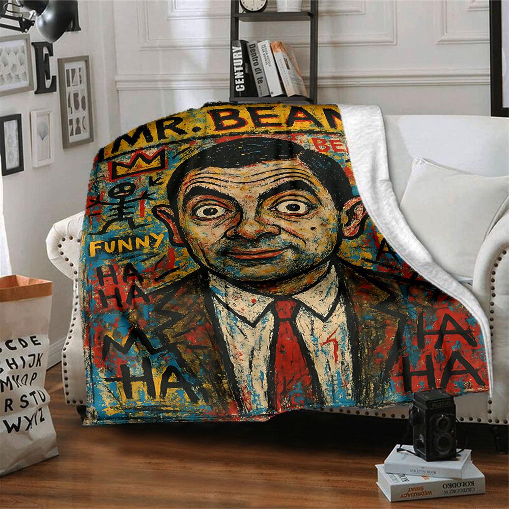 1pc Mr. Bean Art Flannel Throw Blanket HD Printed Lightweight Soft Warm All Season Blanket for Sofa, Bed, Travel, Camping Machine Washable