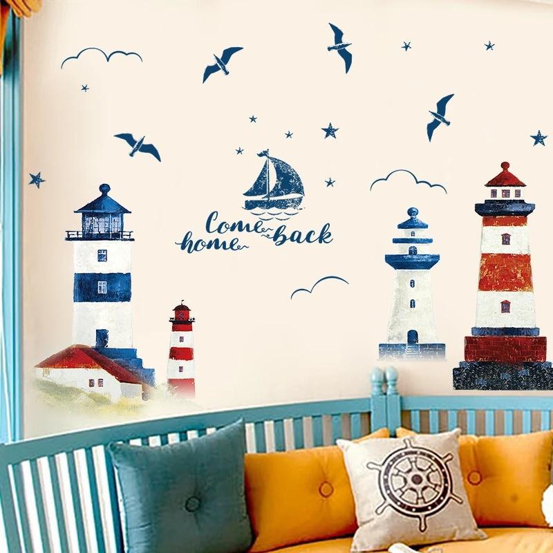 Sea Sailboat Lighthouse Wall Sticker Living Room Background Art Decal Home Decor Sea Sailboat Lighthouse Wall Sticker Living Room Background Art Decal Home Decor