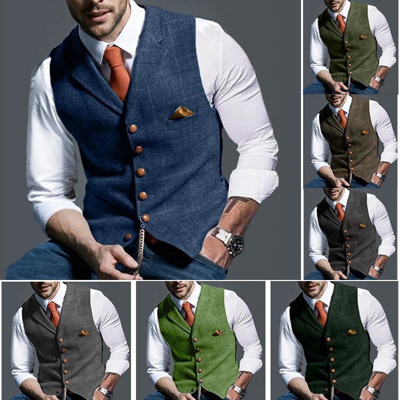 Gilet Uomo In Tweed A Spina Di Pesce - Monopetto Slim Fit Colore Argento - Taglia Large - Per Matrimoni E Occasioni Formali