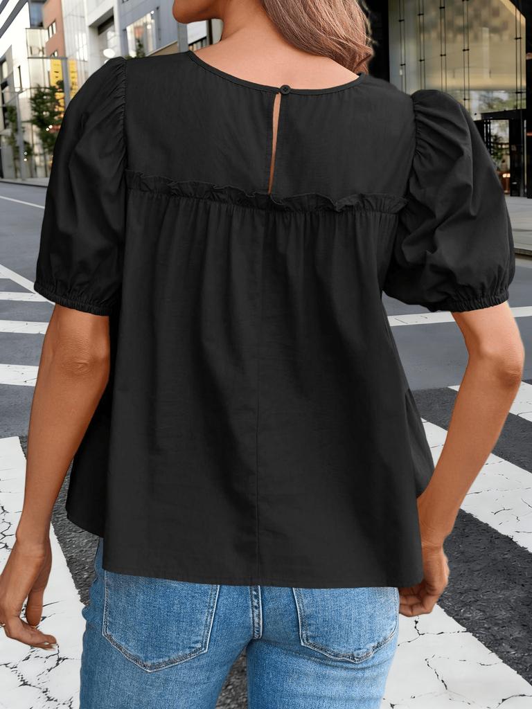 Blusa da Donna in Cotone Babydoll Manica a Sbuffo Smocked Peplo Top Svasato