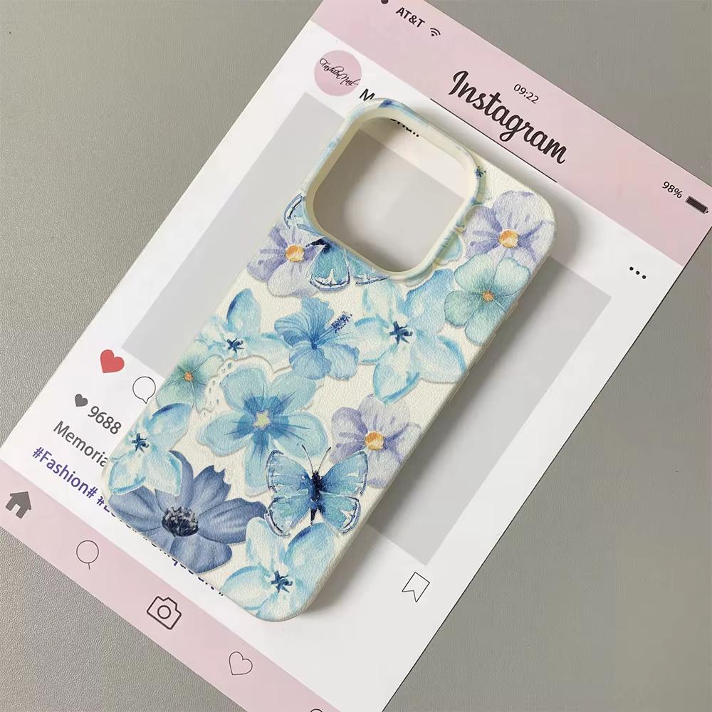 

Blue Watercolor Floral Butterfly Phone Case For iPhone 17 Pro Max 16 Plus 15 Pro 14 13 12 11 XR 17Air Lychee Textur Soft Cover iPhone XS Max білий