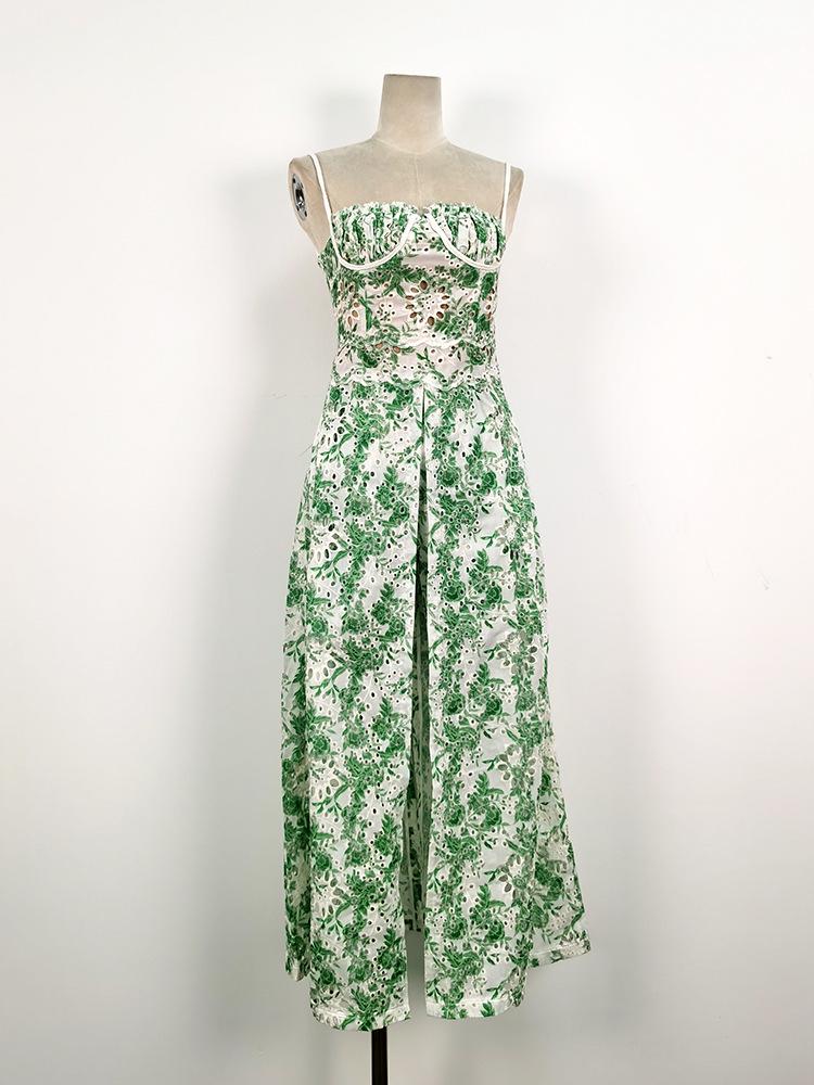 Vietnamese Designer Floral Embroidered Suspender Dress & Slim Split Long Skirt Set