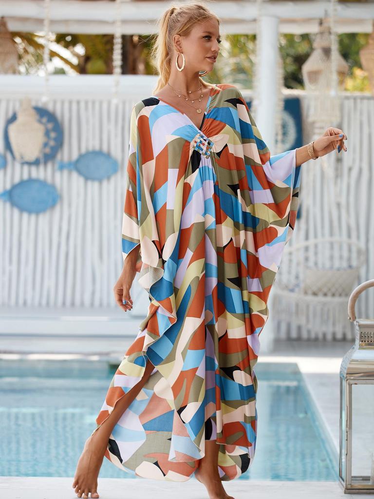 European & American Rayon Print Beach Cover-up Dress - Long, Loose Bikini Swimsuit Robe for Women