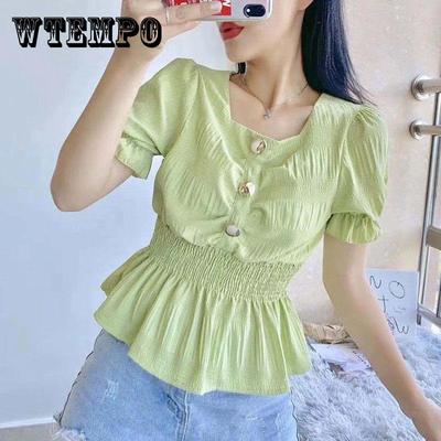 Pleated Button Chiffon Shirt Ruffle Short Sleeve Chiffon Blouse Waist Solid Color Top Women Collar Chiffon Shirt
