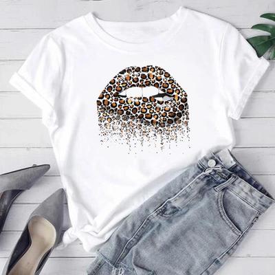 (Asya Boyutu) Kadın Moda T Gömlek Leopar Dudak Tarzı 90s Sevimli Kadın Kadın T Giyim Kısa Kollu Baskı Tee Üst Grafik T-shirt