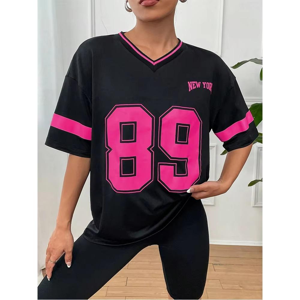Sommer Damen T-Shirts Nummer 89 Kurzarm Trend 3D-Druck V-Ausschnitt Sport Tees Streetwear Oversized Lässige Mode Damen Top
